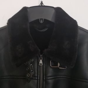 Fur lining leather Black Sherpa shearling jacket